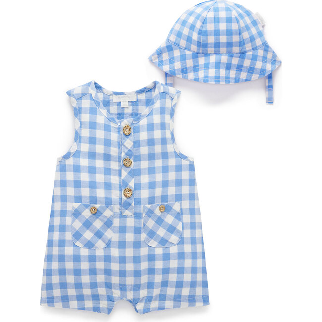 Linen Blend Romper & Sunhat Ocean Gingham