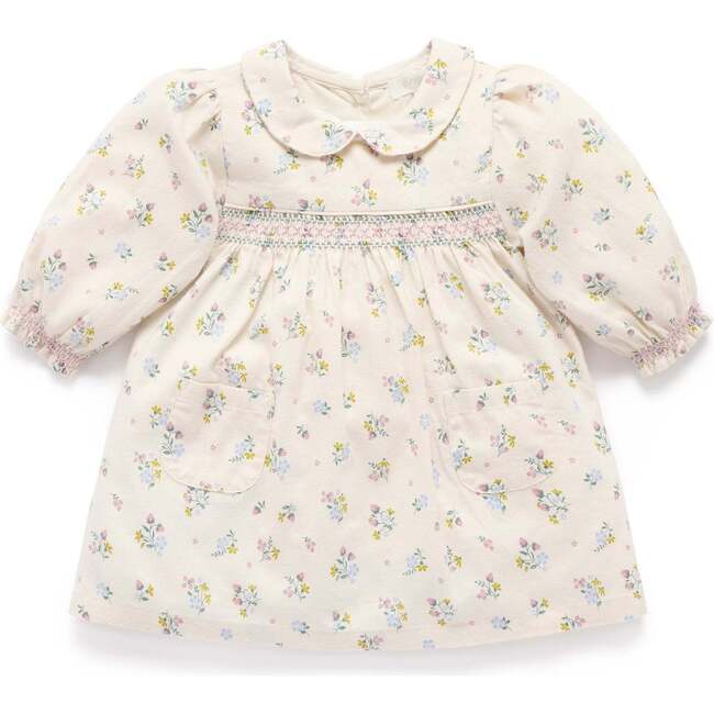 Smocked Dress  Wheat Strawberry Blossom Print