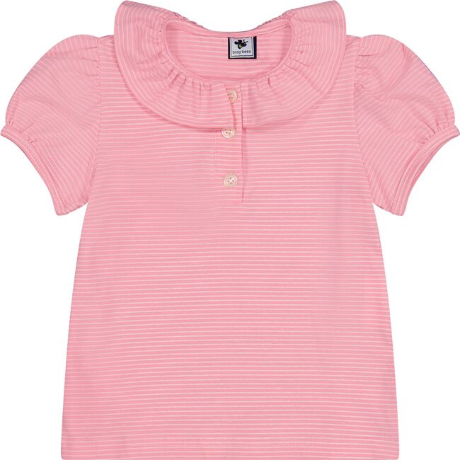 Eliza Ruffle Polo, Pink Mini Stripe - Blouses - 1