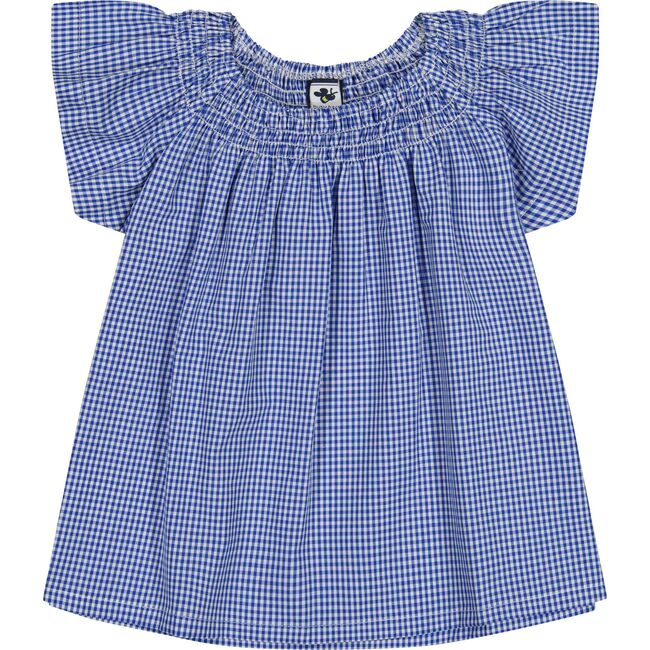Molly Smocked Flutter Sleeve Top, Blue Mini Check