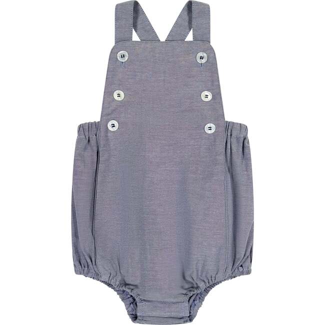 Judson Bib Front Cross Back Romper, Blue Oxford