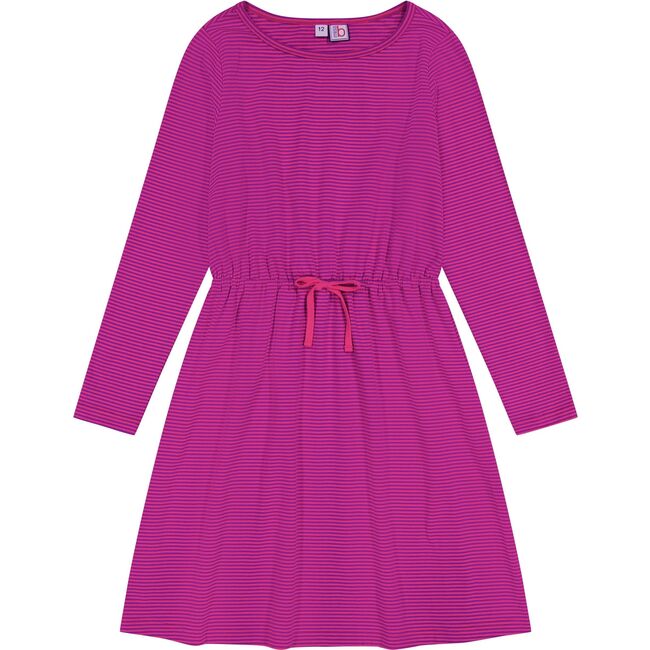 Lila Striped Round Neck Long Sleeve Drawstring Dress, Pink & Magenta