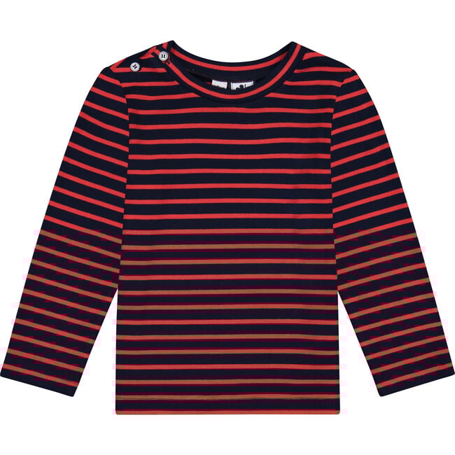 Henry Button Shoulder Long Sleeve Tee, Mini Red Navy Stripe - T-Shirts - 1