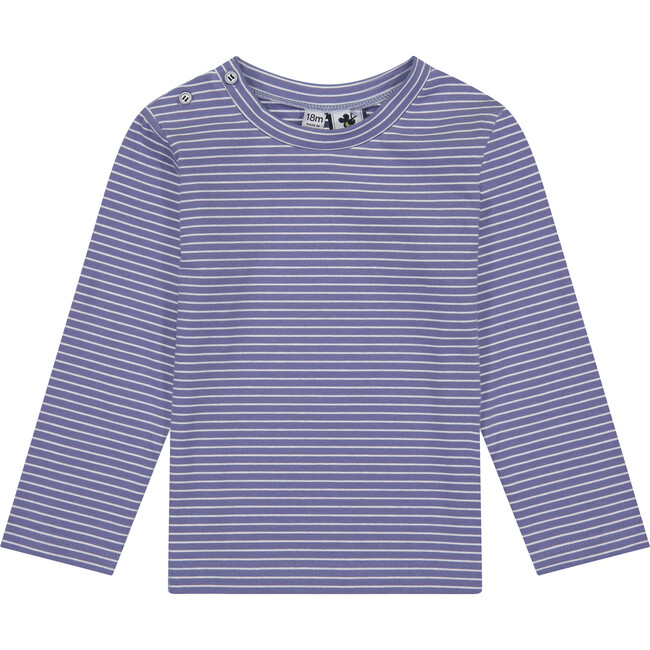 Henry Button Shoulder Long Sleeve Tee, Slate Blue Stripe - T-Shirts - 1