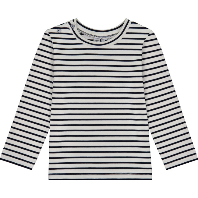 Henry Button Shoulder Long Sleeve Tee, Breton Navy Stripe - T-Shirts - 1