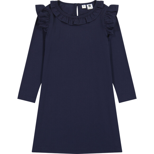 Luna Ruffle Shoulder Long Sleeve A-Line Dress, Navy - Dresses - 1