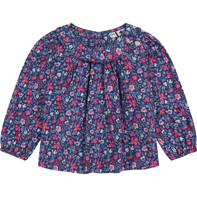 Sadie Side Floral Peter Pan Collar Bubble Sleeve Blouse, Pink & Navy - Blouses - 1