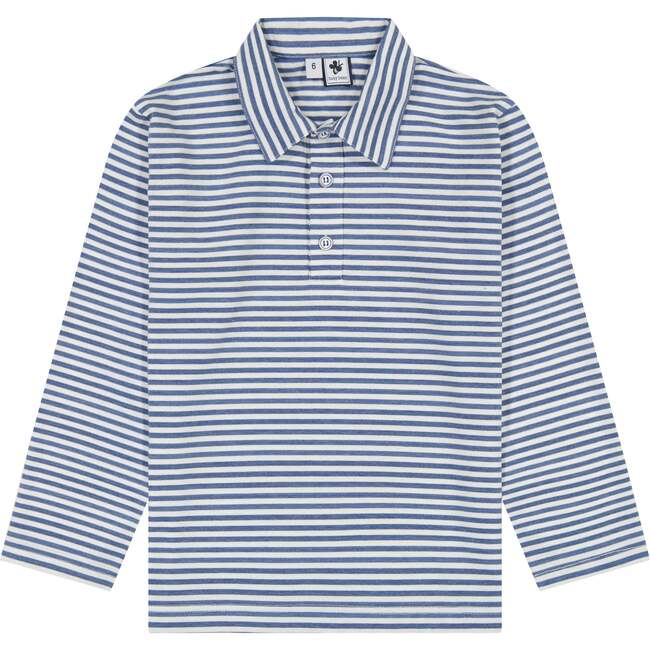 Busy Bees Boys Striped Long Sleeve Polo, Blue - Polo Shirts - 1