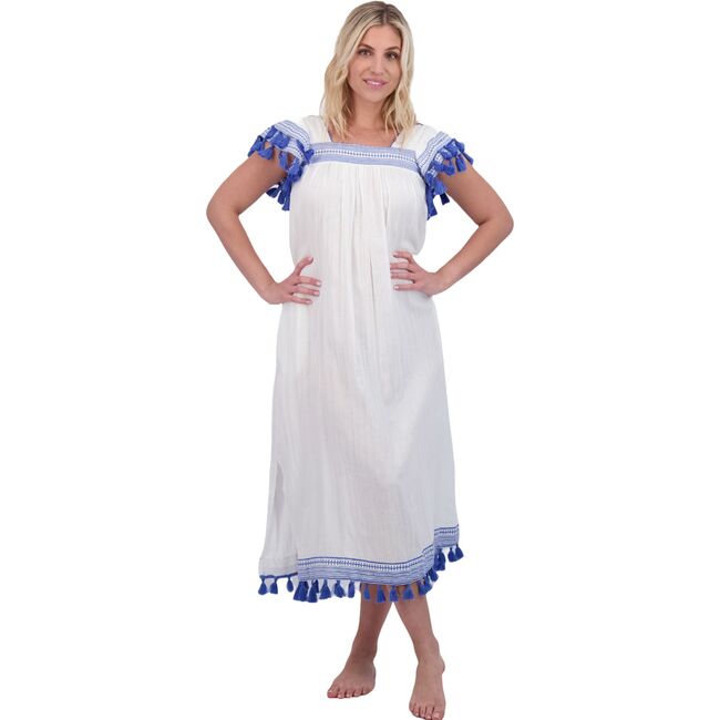 Maxi Sandrine Women's Dress White Lapis Blue Embroidery, Blue