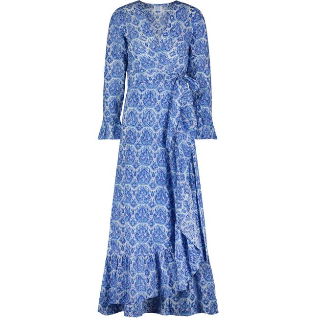 Genevieve Women's Ruffle Wrap Dress Blue Paisley, Blue