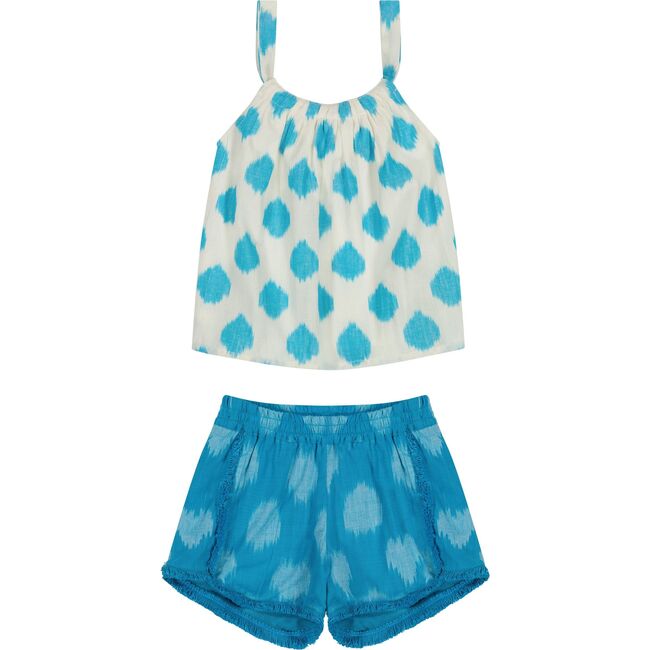 Colette Girl's Top and Short Set Aqua Cerulean Ikat, Blue