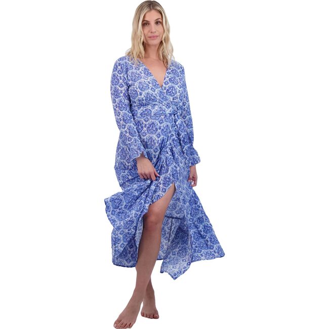 Genevieve Women's Ruffle Wrap Dress Blue Paisley, Blue