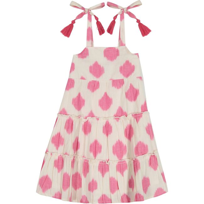 Bella Girl's Shoulder Tie Sundress White Pink Ikat, White