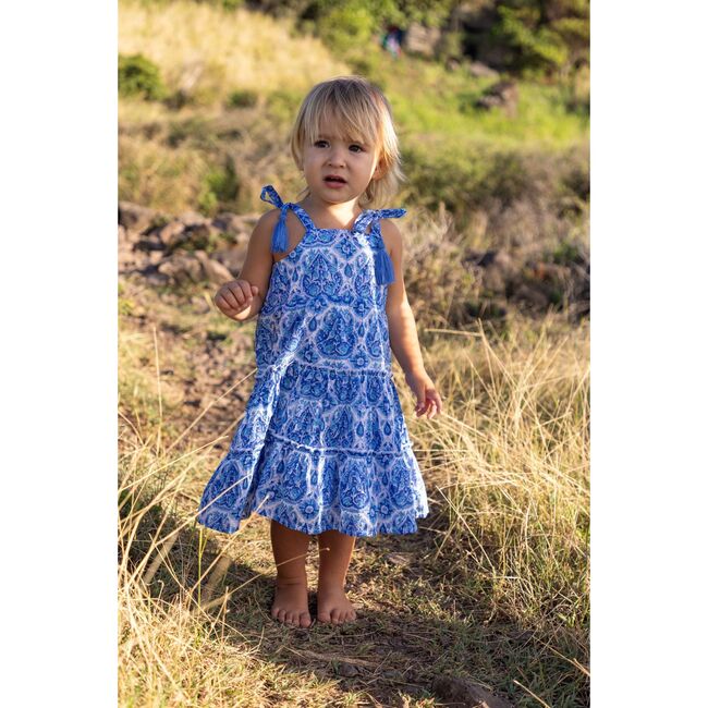 Bella Girl's Shoulder Tie Sundress Blue Paisley, Blue Paisley