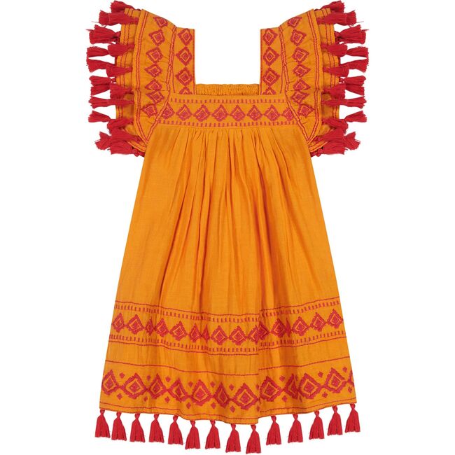 Serena Girls Tassel Dress Sunkist Embroidery, Orange - Dresses - 1