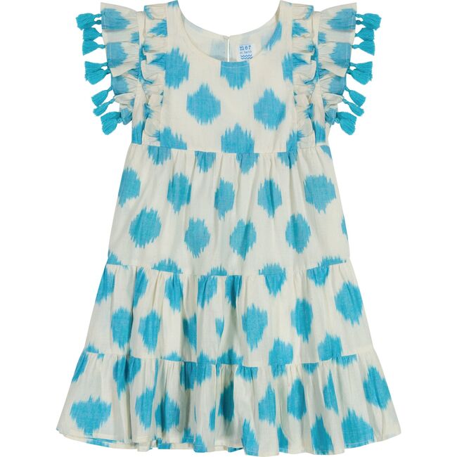 Sophie Girl's Tassel Dress Cream Aqua Ikat, Aqua - Dresses - 1
