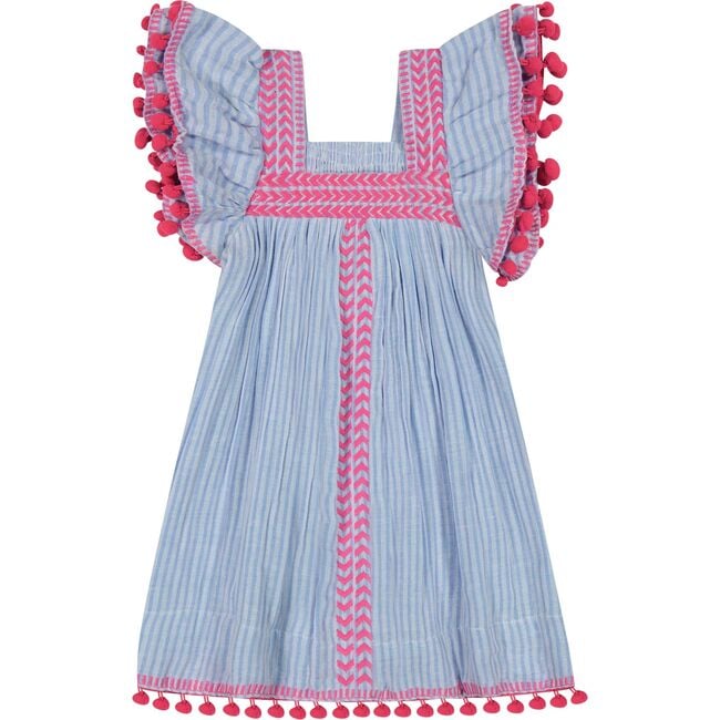 Serena Girl's Tassel Dress Sea Stripe Embroidery, Blue - Dresses - 1