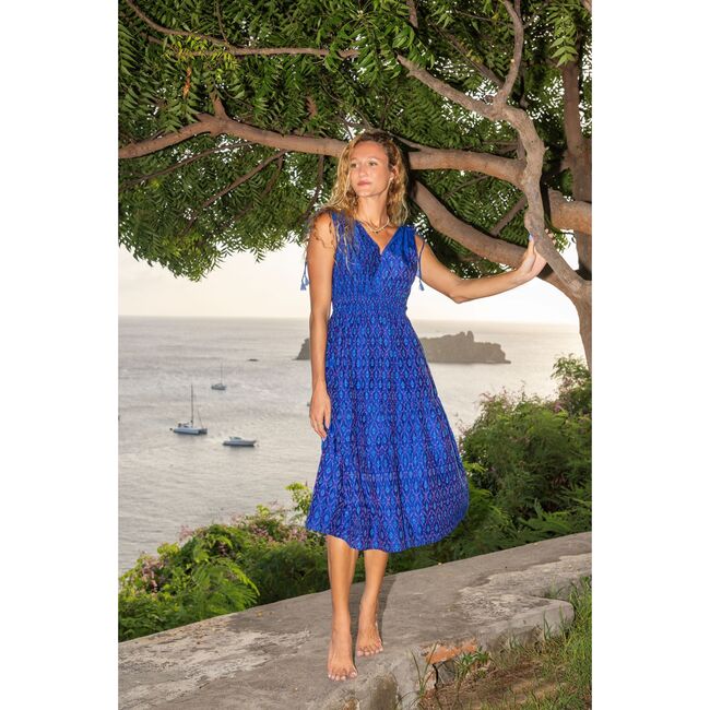 Noemie Women's Shoulder Tie Dress Cobalt Ikat