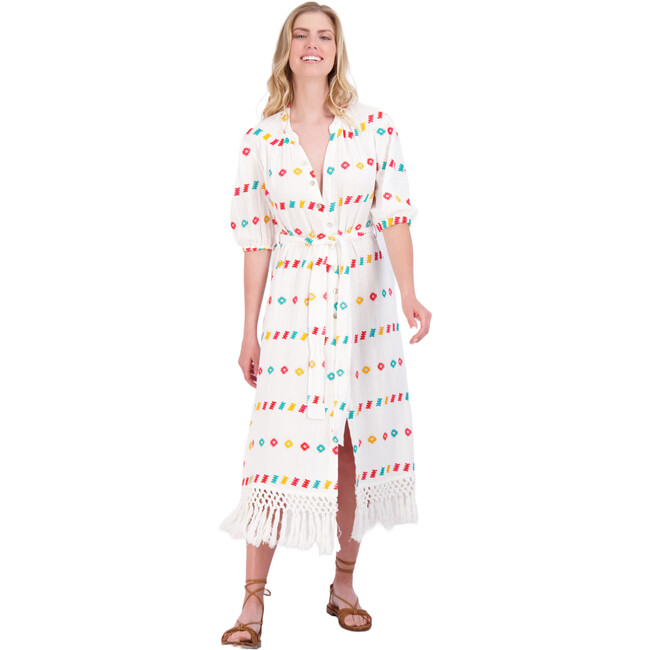 Women's Estelle Embroidered Fringed Shirt Dress, White - Dresses - 4