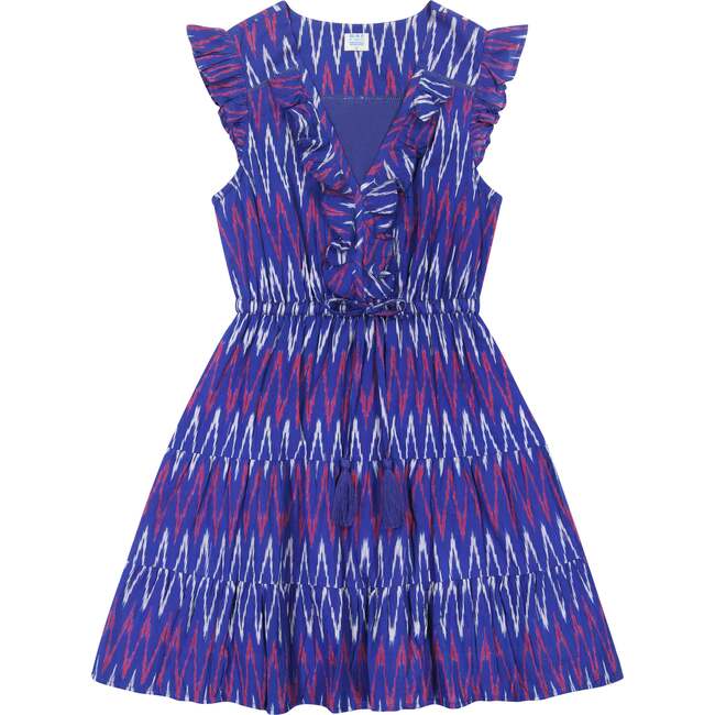 Women's Giselle Ruffle V-Neck Mini Dress, Multi Navy Ikat - Dresses - 1