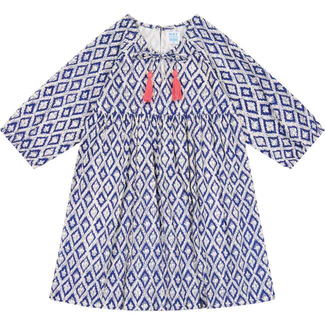 Sara Long Sleeve Popover Dress, Navy Ikat