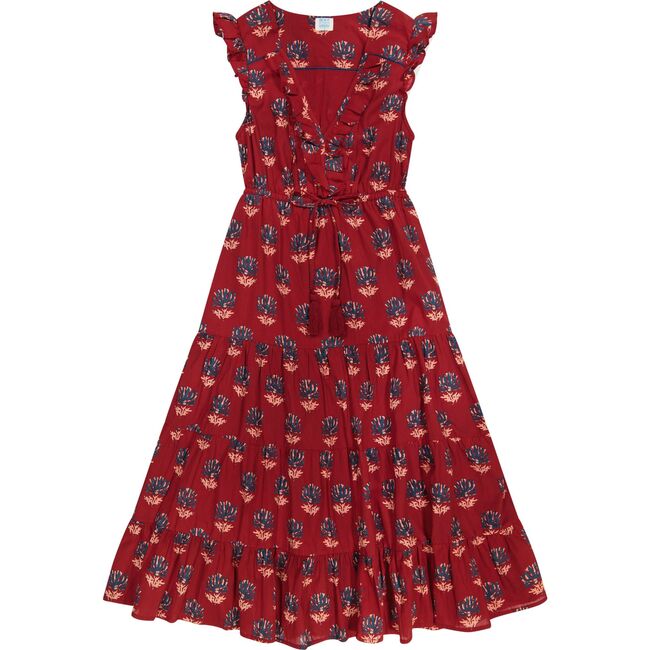 Women's Giselle Ruffle V-Neck Elastic Waist Flutter Sleeve Maxi Dress, Bordeaux - Dresses - 1