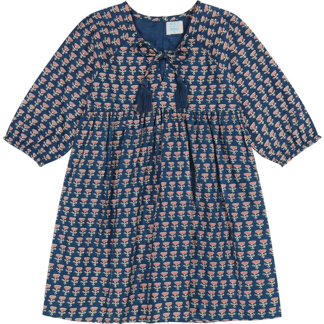 Sara Floral Print Elastic Cuff Long Sleeve Popover Dress, Blue