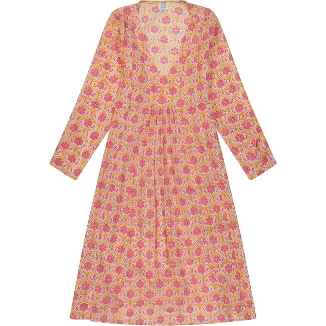 Women's Poppy Block Print V-Neck Fit-N-Flare Long Sleeve Caftan Dress, Pink - Cover-Ups - 1