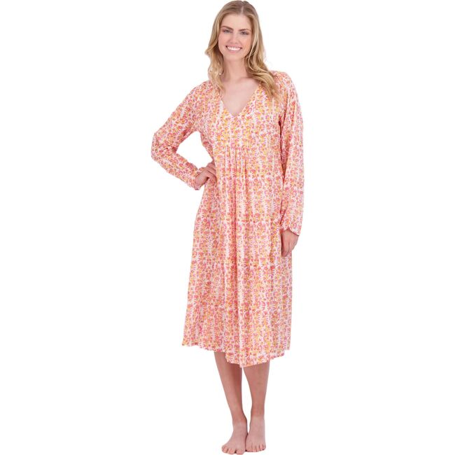 Women's Poppy Block Print V-Neck Fit-N-Flare Long Sleeve Caftan Dress, Pink - Cover-Ups - 2
