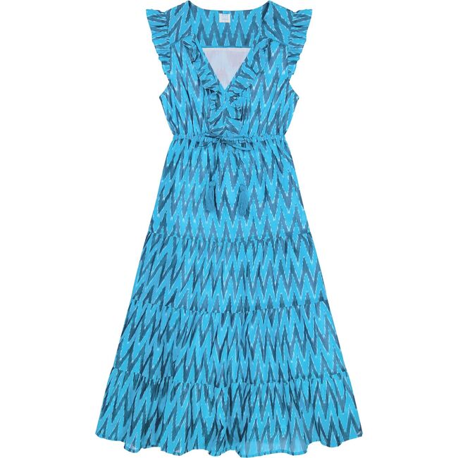 Women's Giselle Ikat V-Neck Ruffle Sleeve Maxi Dress, Turquoise