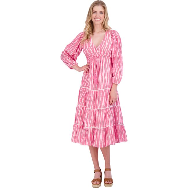 Women's Odette Ikat V-Neck Long Sleeve Print Maxi Dress, Pink