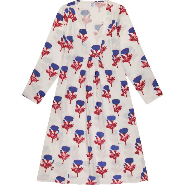 Women's Floral Block Print V-Neck Fit-N-Flare Long Sleeve Dress, White