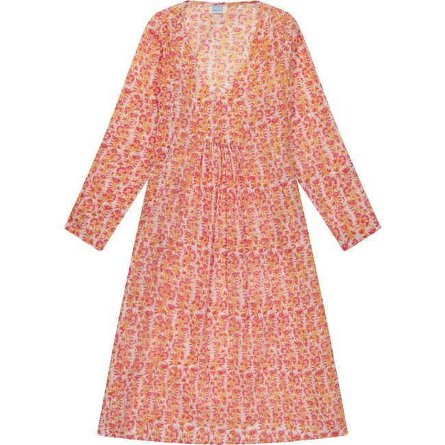 Women's Floral Block Print V-Neck Fit-N-Flare Long Sleeve Caftan Dress, Pink - Cover-Ups - 1