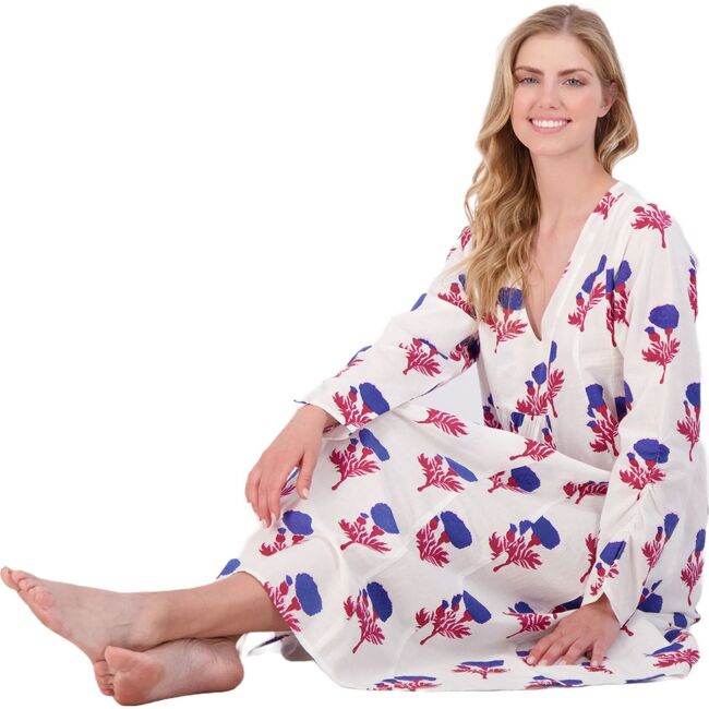 Women's Floral Block Print V-Neck Fit-N-Flare Long Sleeve Dress, White