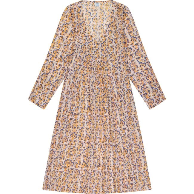 Women's Floral Block Print V-Neck Fit-N-Flare Long Sleeve Caftan Dress, Blue - Cover-Ups - 1