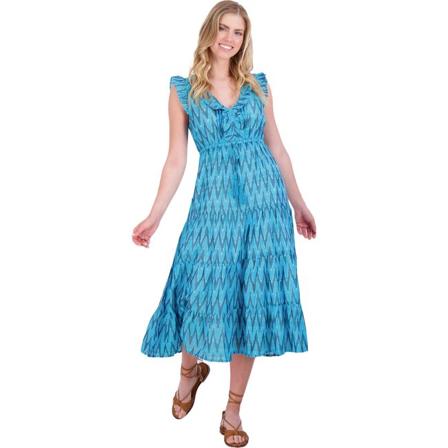 Women's Giselle Ikat V-Neck Ruffle Sleeve Maxi Dress, Turquoise