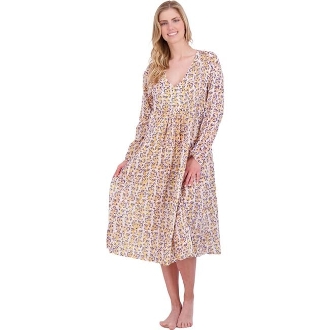 Women's Floral Block Print V-Neck Fit-N-Flare Long Sleeve Caftan Dress, Blue - Cover-Ups - 2