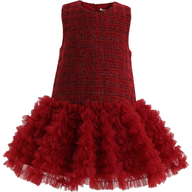 Tweed & Tulle Ruffle Dress, Red