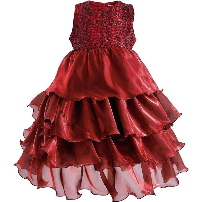 Sequin & Tiered Organza Dress, Red