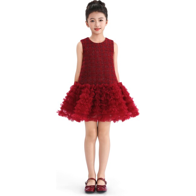 Tweed & Tulle Ruffle Dress, Red