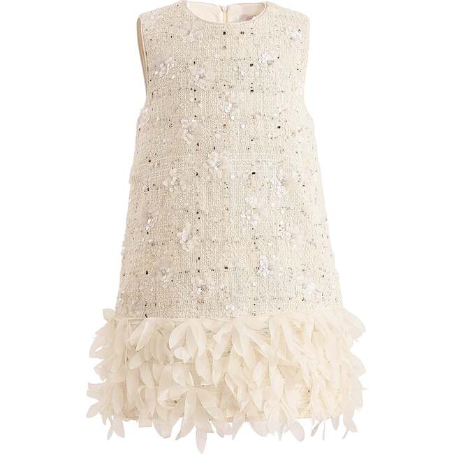 Sequin Feather-Hem Dress, Cream