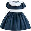 Puffed Velvet Dress, Navy Blue - Dresses - 1 - thumbnail