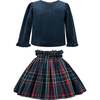 Plaid Two-Piece Bow Skirt Set, Navy - Mixed Apparel Set - 1 - thumbnail