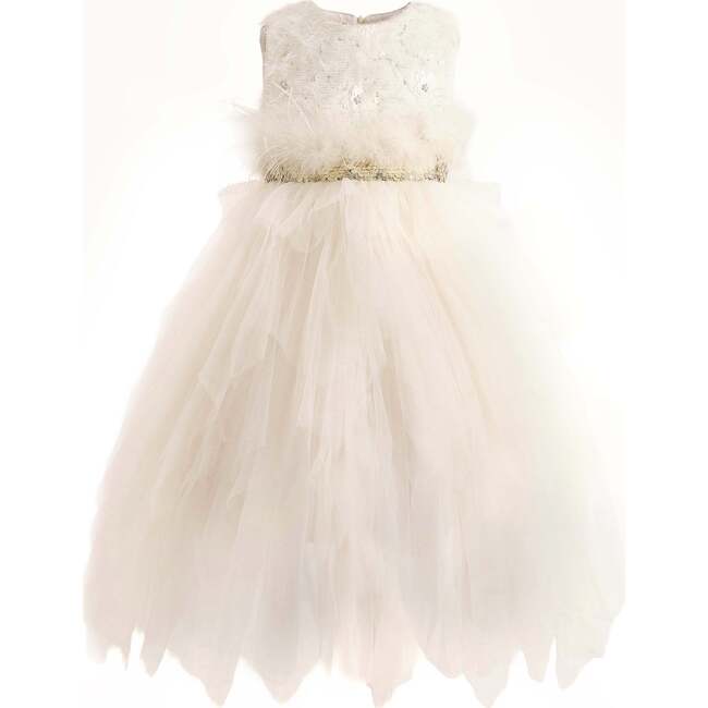 Feathered Tulle Party Dress, White