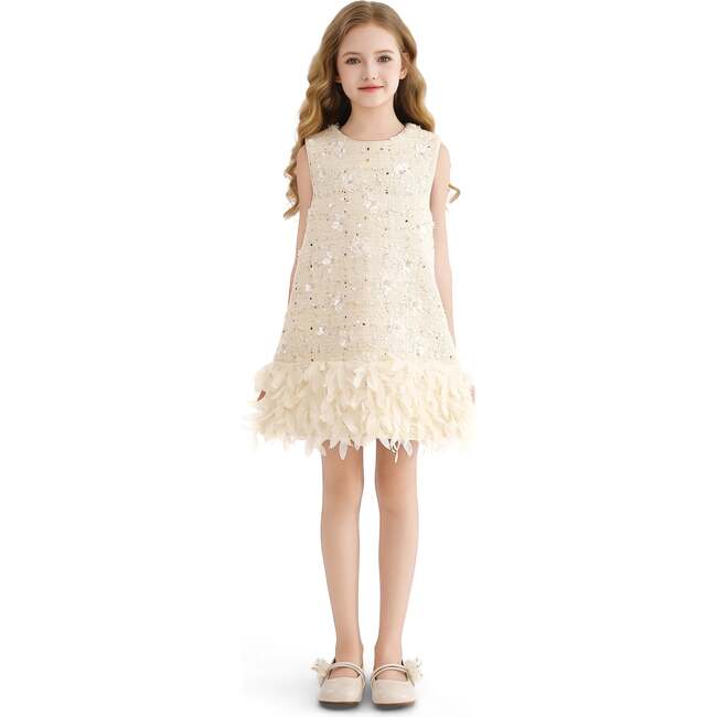 Sequin Feather-Hem Dress, Cream