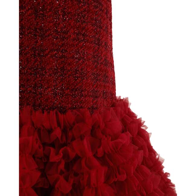 Tweed & Tulle Ruffle Dress, Red - Dresses - 4
