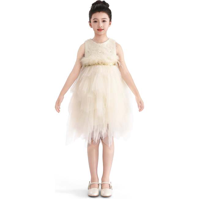 Feathered Tulle Party Dress, White