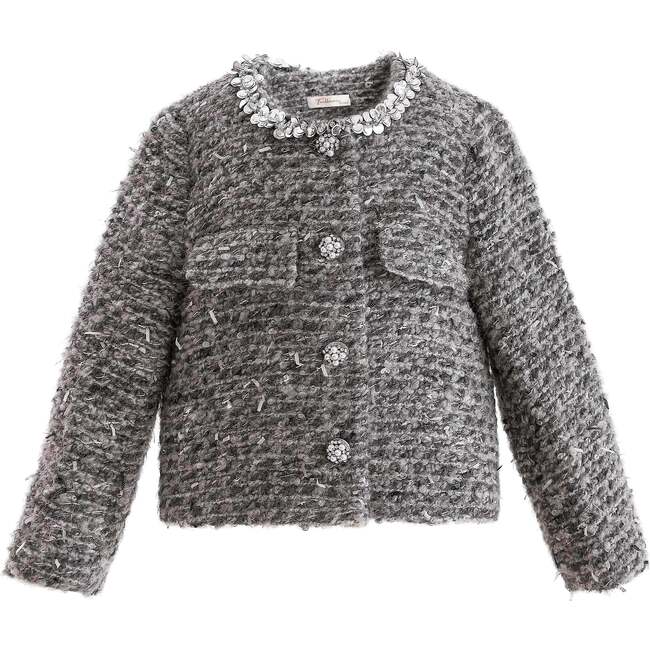 Boucle Jewel-Collar Jacket, Grey