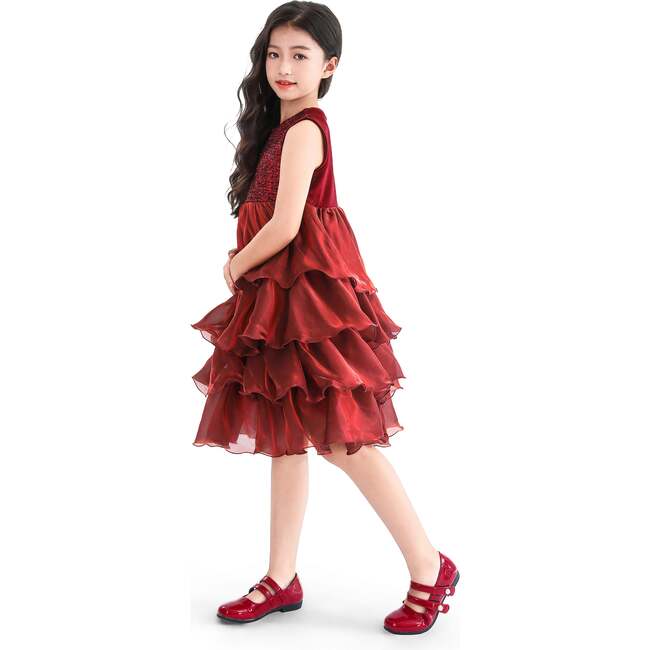 Sequin & Tiered Organza Dress, Red - Dresses - 5