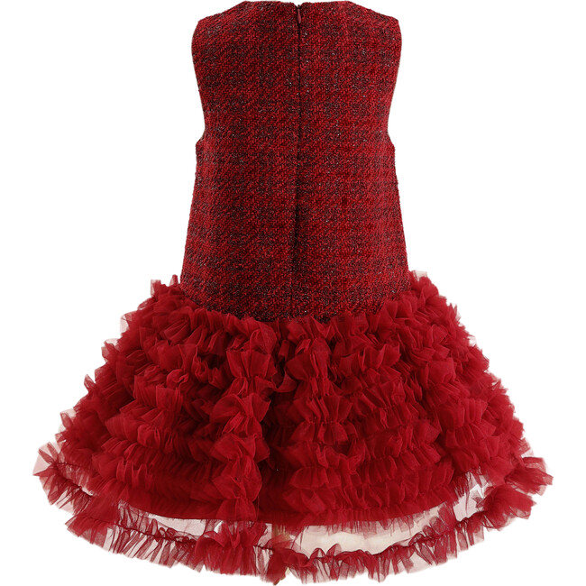Tweed & Tulle Ruffle Dress, Red - Dresses - 5